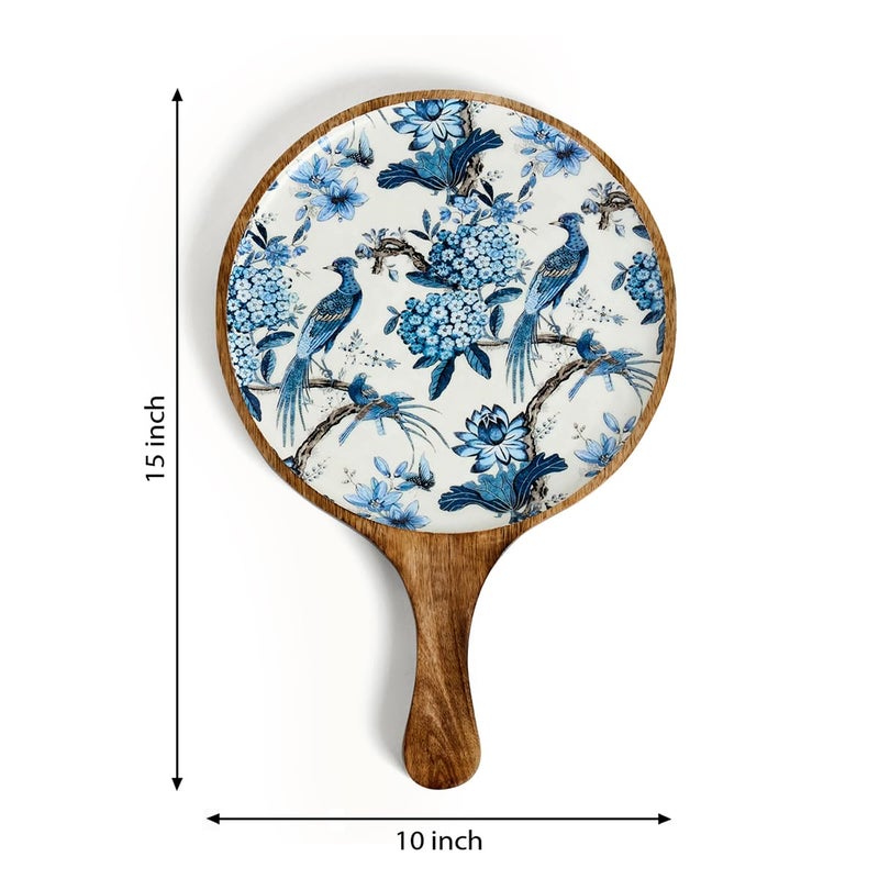 Saaga Gardenia Wooden Pizza Pan/Plate/Platter/Bat/Serving Tray with Handle for Home and Café | Snacks Serving Platter - 15x10In, Brown and White - Image 2