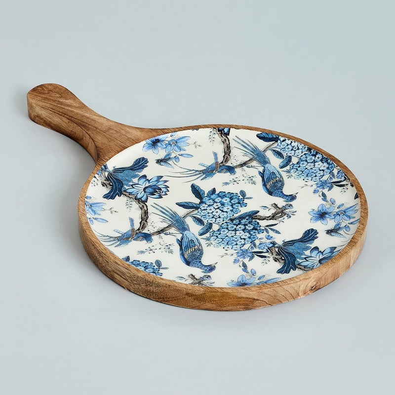Saaga Gardenia Wooden Pizza Pan/Plate/Platter/Bat/Serving Tray with Handle for Home and Café | Snacks Serving Platter - 15x10In, Brown and White - Image 4