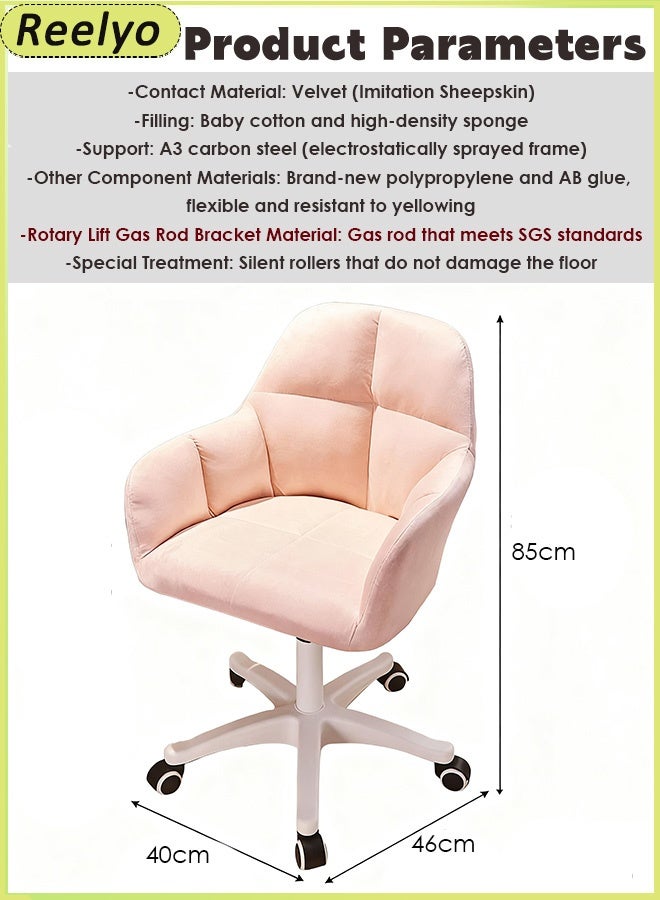 Reelyo Makeup Chair Velvet Accent Chair Swivel Height Adjustable Home Office Desk Butterfly Chair Cute Vanity Chair with Mid-Back Upholstered Modern Tufted Computer Task Chair for Teens Women Girls Elegant Living Room, Study, Bedroom, Dining Room, Dressing Room, Vanity Room, Apartment, Studio Space (PINK) - Image 2