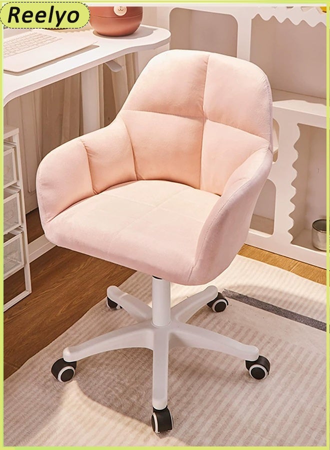 Reelyo Makeup Chair Velvet Accent Chair Swivel Height Adjustable Home Office Desk Butterfly Chair Cute Vanity Chair with Mid-Back Upholstered Modern Tufted Computer Task Chair for Teens Women Girls Elegant Living Room, Study, Bedroom, Dining Room, Dressing Room, Vanity Room, Apartment, Studio Space (PINK) - Image 1