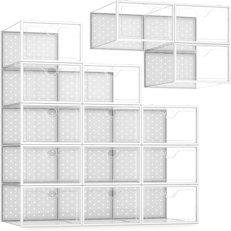 Pinkpum 15 Pack X-Large Shoe Storage Boxes Fit US Size 11, Shoe Organizer for Closet Clear Plastic Stackable Shoe Dispaly Case Holder Bins, Sneaker Storage for Sneakerheads White for Home and Family - Image 1