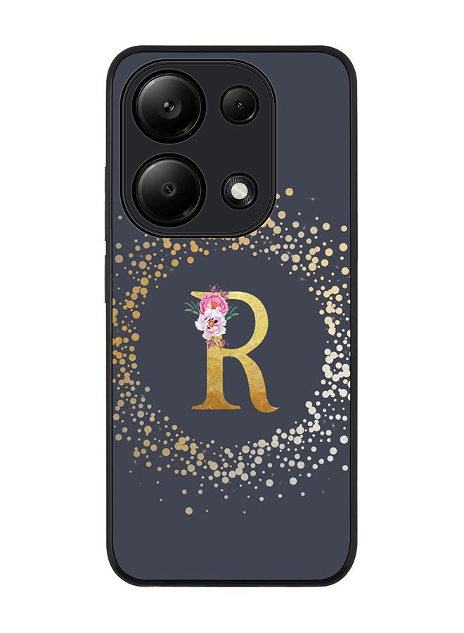 Stylizedd حافظة متينة لهاتف Xiaomi Redmi Note 13 Pro 4G / غطاء Xiaomi Poco M6 Pro 4G - حرف مونوغرام مخصص بنمط زهور - R(رمادي) - Image 1