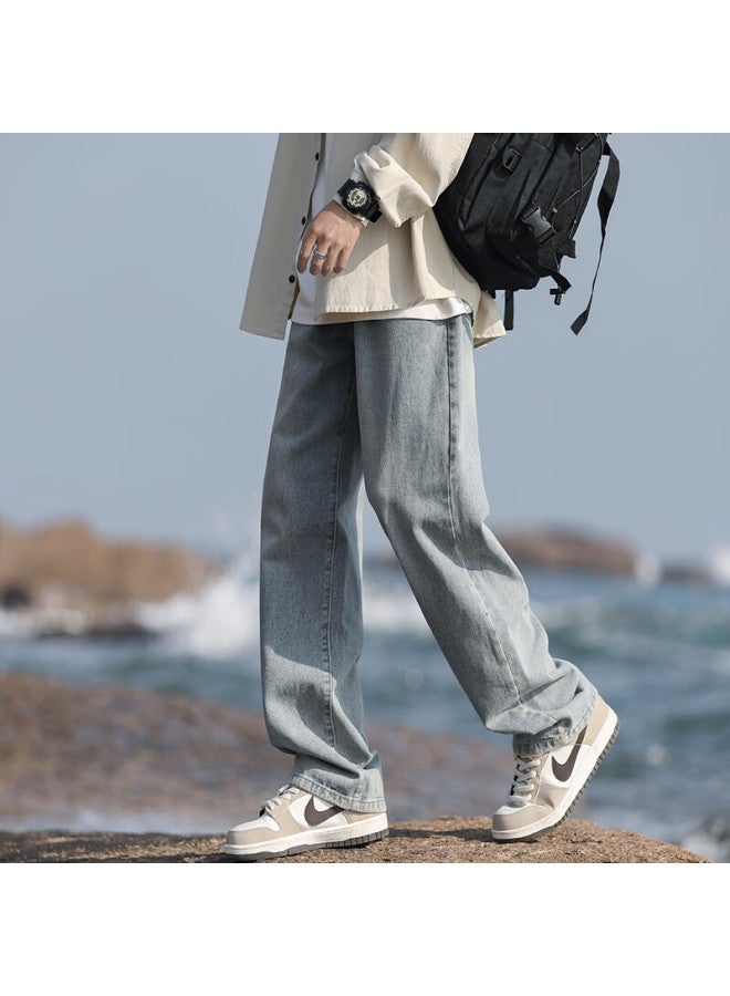 Homlean American-style Washed Denim Jeans Men's Spring And Summer High Street Cool Loose Straight Wide-leg Trousers Hs05 Retro Blue L - Image 3