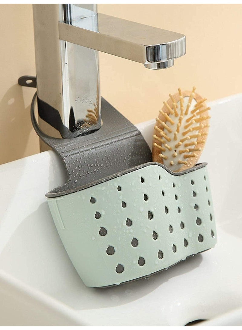 Sink Storage Basket, Kitchen Sink Sponge Holder, Kitchen Faucet Storage Rack, Hanging, Adjustable Strap, Kitchen Storage Sink Accessories (Gray/Green)  - Image 1