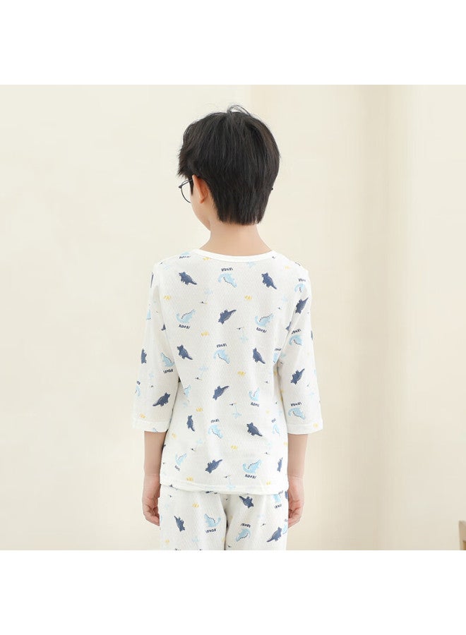 Hodo Children's Pajamas, Boys And Girls Spring Summer Thin Pure Cotton Home Wear Set, Long Sleeve Pants Air Conditioning Suit J3135 White 110 - Image 2