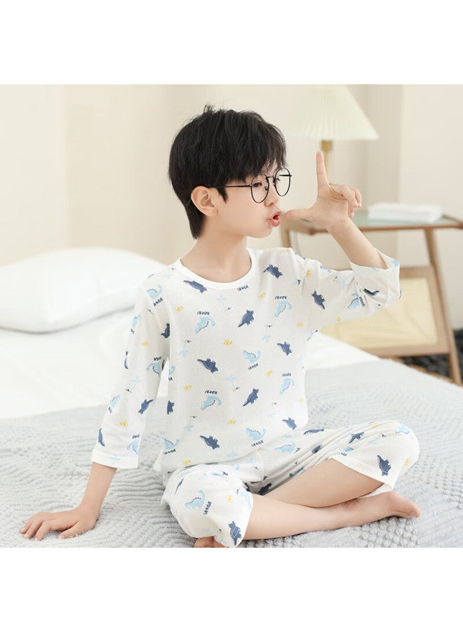 Hodo Children's Pajamas, Boys And Girls Spring Summer Thin Pure Cotton Home Wear Set, Long Sleeve Pants Air Conditioning Suit J3135 White 110 - Image 1