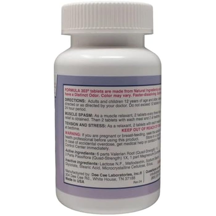 Dee Cee Laboratories Dee Cee Labs Formula 303 Maximum Strength All-Natural Relaxant Tablets, 250 Tablets; All-Natural Relaxant containing Magnesium for Sore Muscles, Passion Flower, and Valerian Root - Image 2