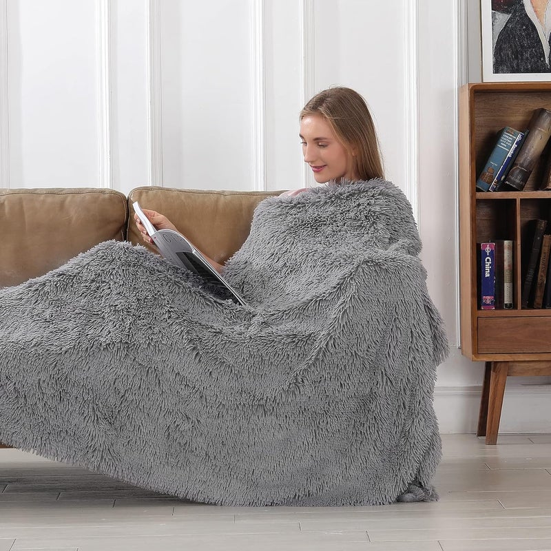 Tuddrom Decorative Extra Soft Faux Fur Blanket Queen Size 80" x 90",Solid Reversible Fuzzy Fluffy Cozy Plush Fleece Comfy Microfiber Blanket for Couch Sofa Bed,Grey - Image 2
