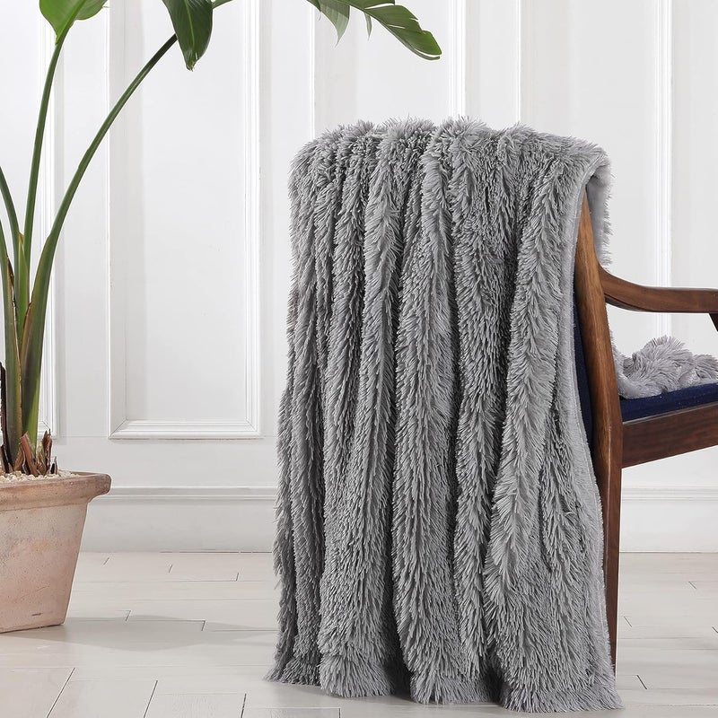 Tuddrom Decorative Extra Soft Faux Fur Blanket Queen Size 80" x 90",Solid Reversible Fuzzy Fluffy Cozy Plush Fleece Comfy Microfiber Blanket for Couch Sofa Bed,Grey - Image 4