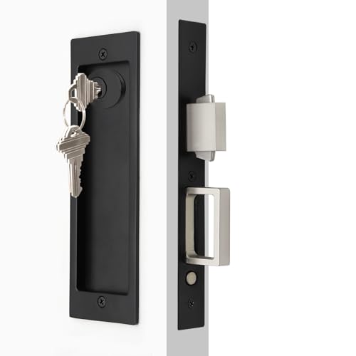 Dontay Rectangular Pocket Door Mortise Lock and Edge Pull Narrow Modern Sliding Door PopUp Handle BedBath Pull Latch Recessed Hardware for 1 38 to 2 316 Thickness Keyed Lock Matte Black - Image 1