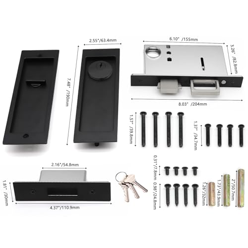 Dontay Rectangular Pocket Door Mortise Lock and Edge Pull Narrow Modern Sliding Door PopUp Handle BedBath Pull Latch Recessed Hardware for 1 38 to 2 316 Thickness Keyed Lock Matte Black - Image 3