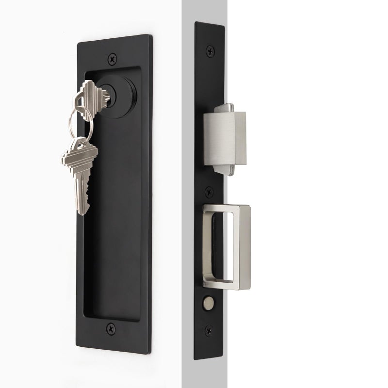 Dontay Rectangular Pocket Door Mortise Lock and Edge Pull Narrow Modern Sliding Door PopUp Handle BedBath Pull Latch Recessed Hardware for 1 38 to 2 316 Thickness Keyed Lock Matte Black - Image 2