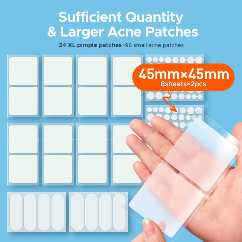 TKTK Hydrocolloid Bandages, 45 x 45 mm Large Pimple Patches for Face, XL Acne Patches for Body, Back, Forehead, Cheek Zit Breakouts, Big Hydrocolloid Patch (Square, Strip, Dot 5 Sizes 120 Count) - Image 2