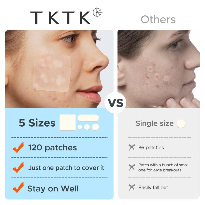 TKTK Hydrocolloid Bandages, 45 x 45 mm Large Pimple Patches for Face, XL Acne Patches for Body, Back, Forehead, Cheek Zit Breakouts, Big Hydrocolloid Patch (Square, Strip, Dot 5 Sizes 120 Count) - Image 5