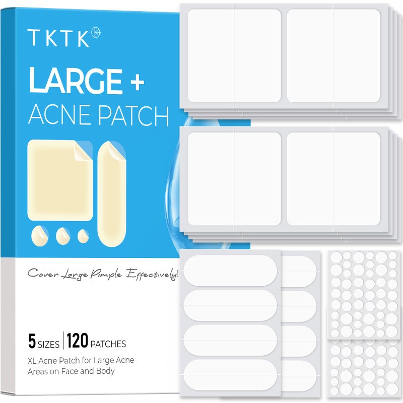 TKTK Hydrocolloid Bandages, 45 x 45 mm Large Pimple Patches for Face, XL Acne Patches for Body, Back, Forehead, Cheek Zit Breakouts, Big Hydrocolloid Patch (Square, Strip, Dot 5 Sizes 120 Count) - Image 1