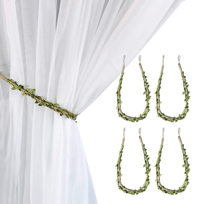 CURTAIN TIEBACKS ROPES NATURAL BURLAP ROPE HOLDBACKS WITH ARTIFICIAL VINES FAKE FOLIAGE IVY LEAF FOR RUSTIC WEDDING PARTY HOME DECORATIVE CURTAIN HOLDERS SET OF 4