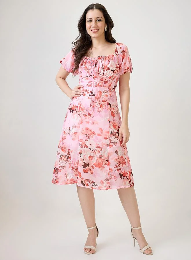 Globus Pink Floral A-Line Midi Dress with Short Sleeves