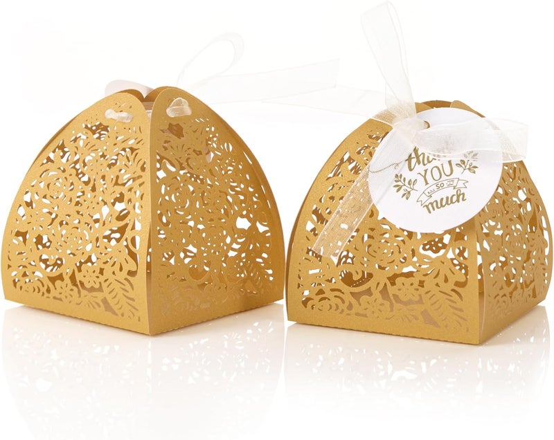 AdasBridal 50 عبوة من من صندوق هدايا ذهبي مقطوع بالليزر على شكل وردة، صندوق حلوى صغير جدًا بحجم 2.36 بوصة مع بطاقة شكر وشرائط، صناديق هدايا صغيرة لأعياد الميلاد والذكرى السنوية وحفلات استقبال العروس والمولود وحفلات الزفاف - Image 1