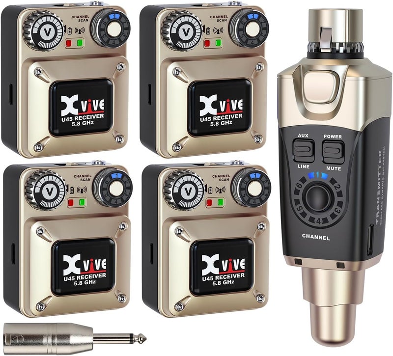 Xvive U45R4 Wireless in Ear Monitor System 58ghz IEM System 1 Transmitter and 4 Bodypack Receiver for Studio Band Rehearsal Live Performance Channel Scan Mode