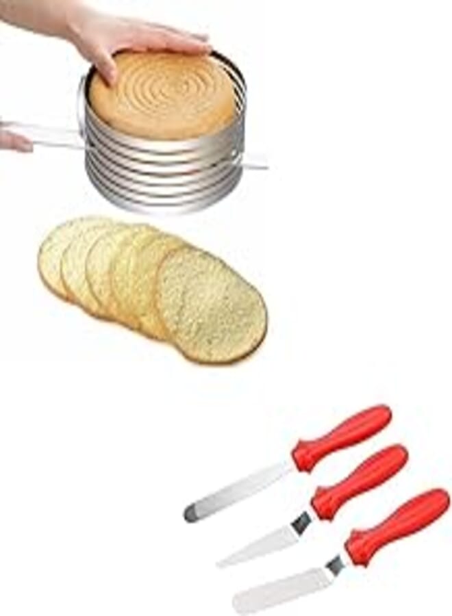 Stainless Steel Cake Layer Slicer Ring + 3Pcs Stainless Steel Cake Baking Scraper Butter Knife for free