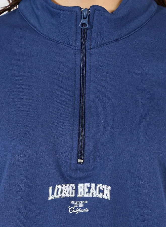 Styli Regular Fit Slogan Print Half Zip Sweatshirt