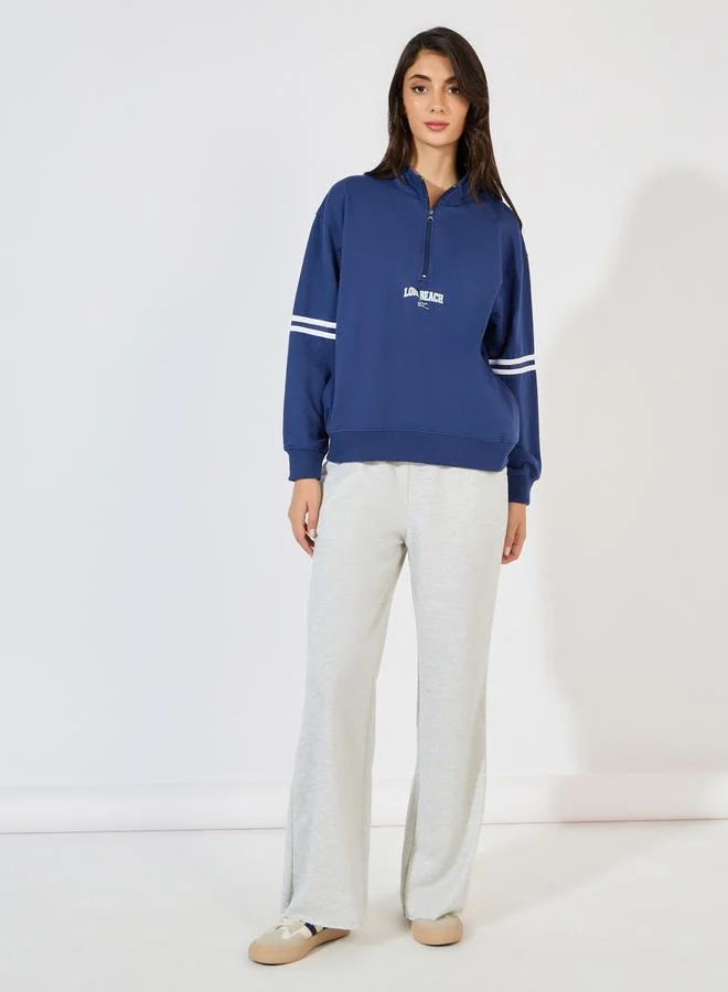 Styli Regular Fit Slogan Print Half Zip Sweatshirt