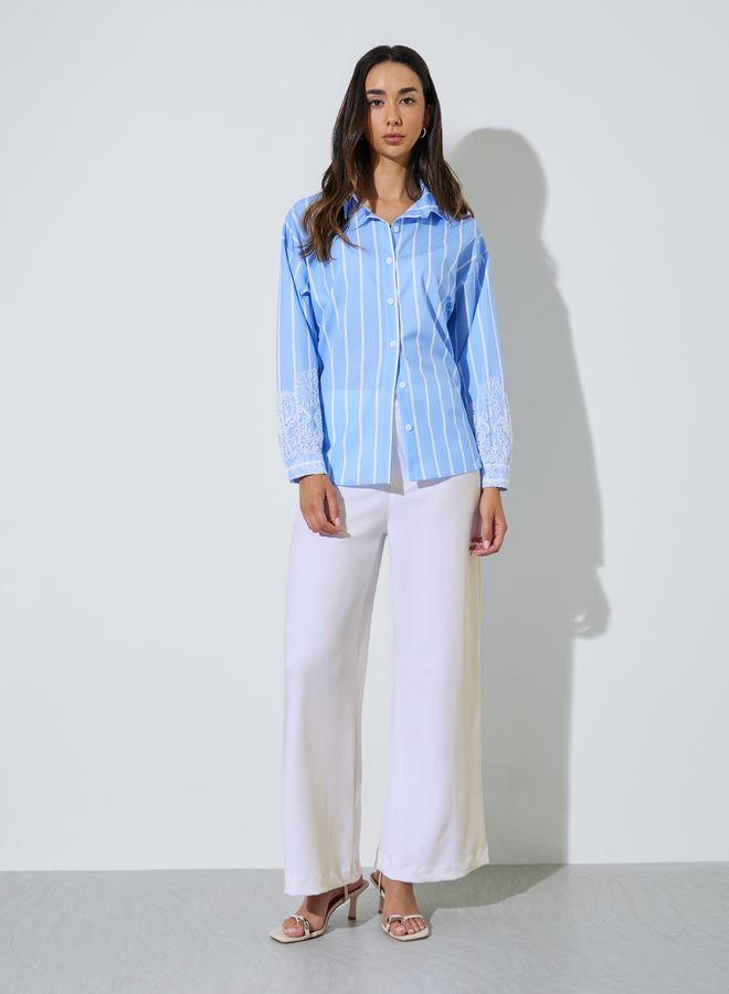 Styli Blue Lace Trim Striped Oversized Casual Shirt - Image 2