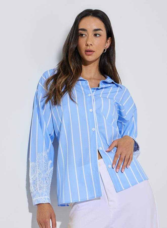 Styli Blue Lace Trim Striped Oversized Casual Shirt - Image 1