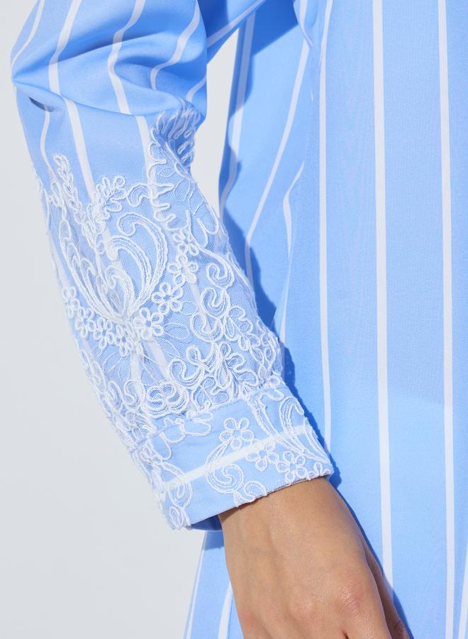Styli Blue Lace Trim Striped Oversized Casual Shirt - Image 3