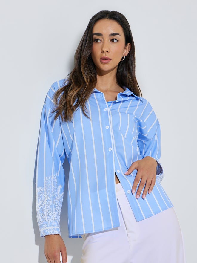 Styli Blue Lace Trim Striped Oversized Casual Shirt - Image 1