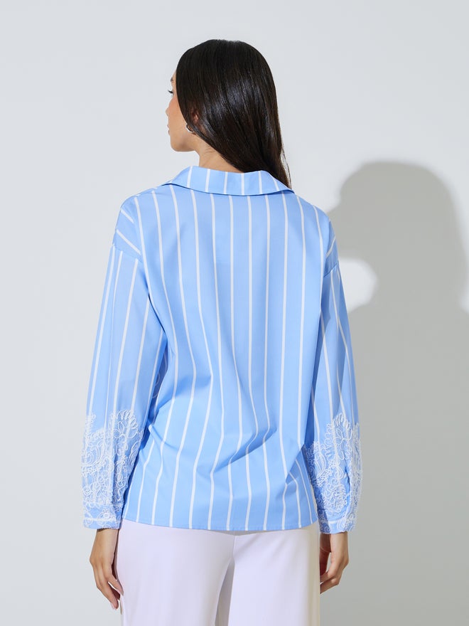Styli Blue Lace Trim Striped Oversized Casual Shirt - Image 5
