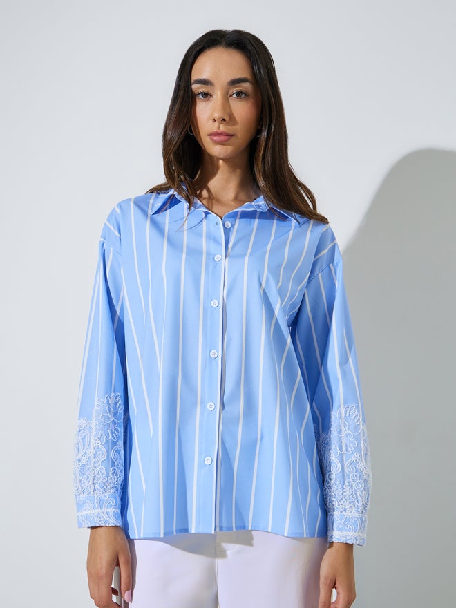 Styli Blue Lace Trim Striped Oversized Casual Shirt - Image 3