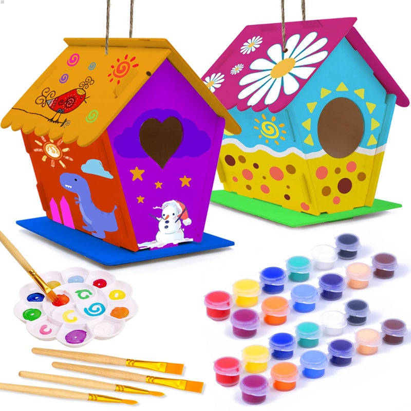 hapray 2 Pack Bird House Kit, DIY Birdhouse Kits, Wooden Crafts Arts for Children to Build and Paint (Includes Paints & Brushes) for Kids Girls Boys Toddlers Halloween Gifts - Image 1