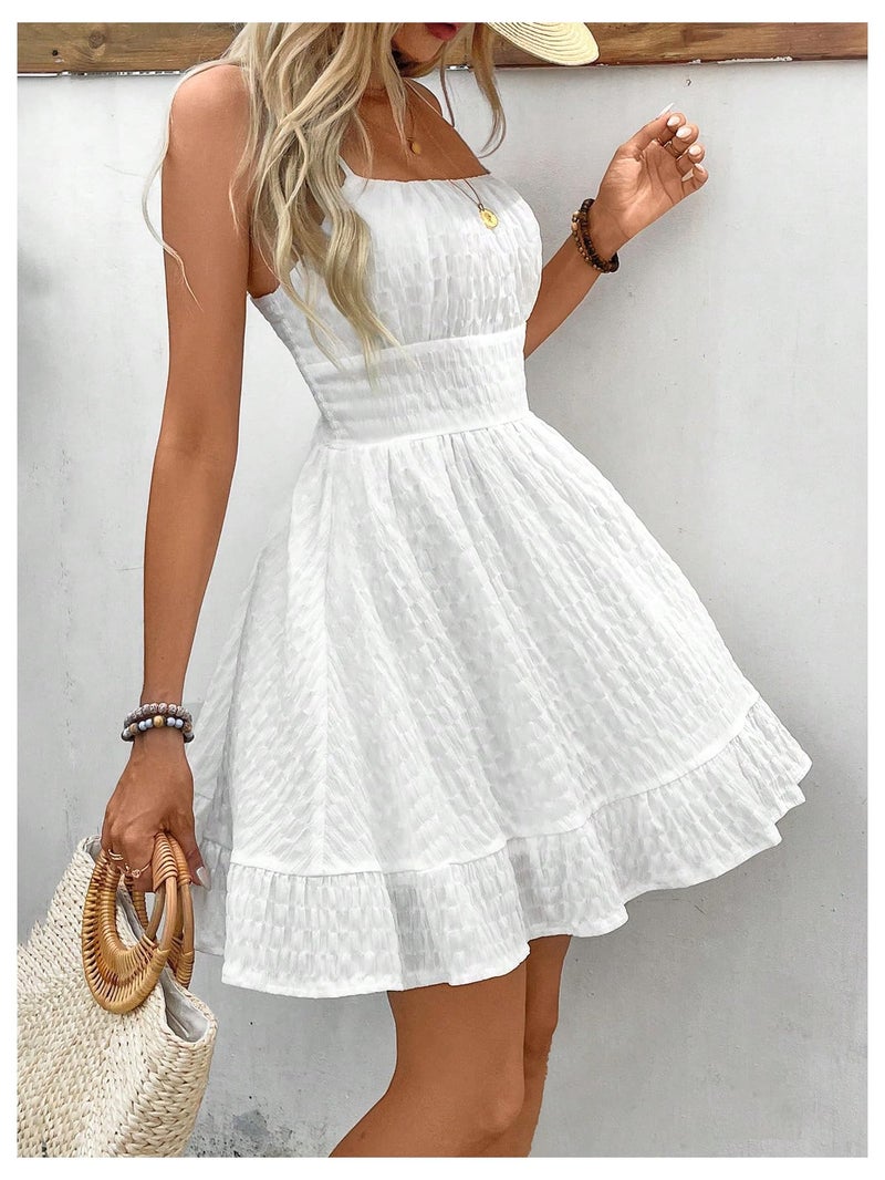 Floerns Women's Sleeveless Backless Tiered Mini Dresses Shirred Textured Cami Dresses White Medium - Image 5