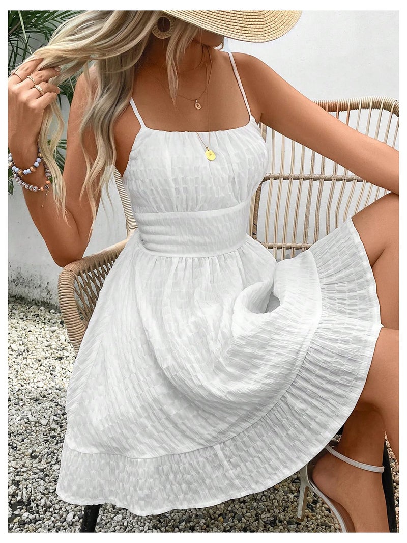 Floerns Women's Sleeveless Backless Tiered Mini Dresses Shirred Textured Cami Dresses White Medium - Image 3