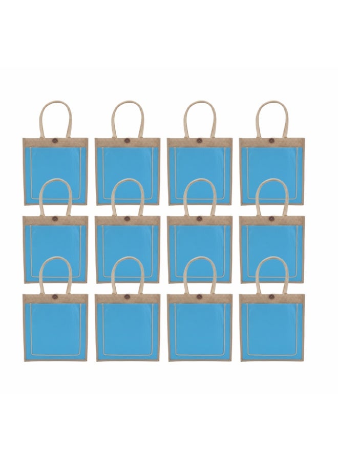 12 PIECES - Jute Bag with Cyan Blue Canvas Pocket and Button Closure – Eco-Friendly, Reusable, and Stylish 43 x 33 x 15 - Image 2