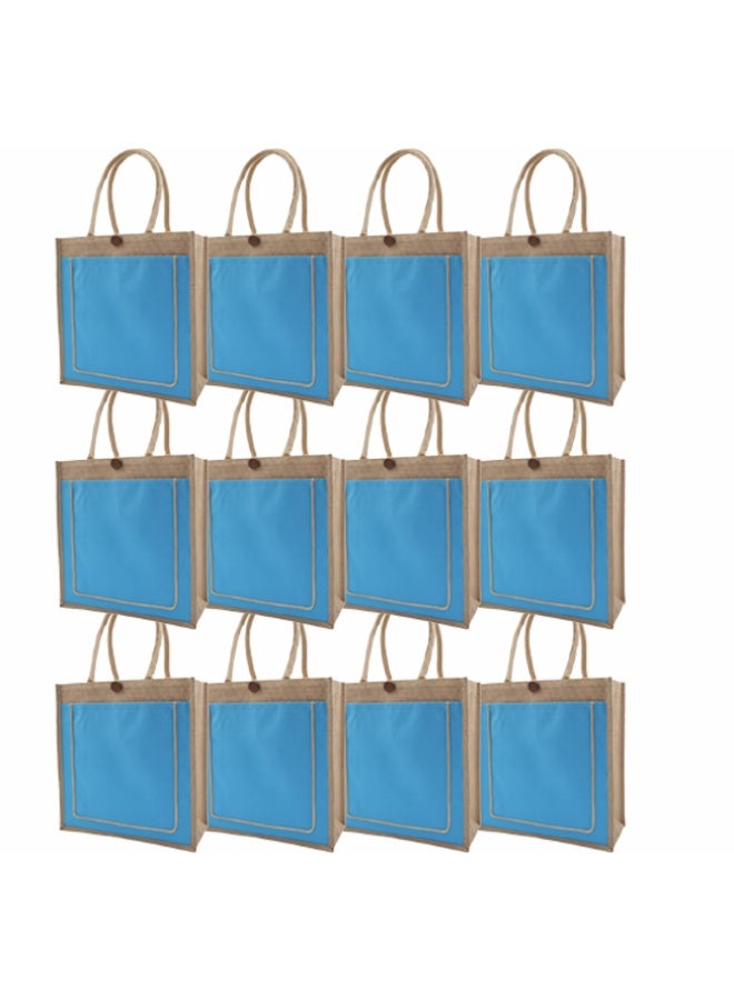 12 PIECES - Jute Bag with Cyan Blue Canvas Pocket and Button Closure – Eco-Friendly, Reusable, and Stylish 43 x 33 x 15 - Image 1