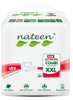 ناتين حفاضات ناتين كومبي بلس للبالغين لعلاج سلس البول، مقاس XXL، مقاس الخصر 160-210 سم، 10 حفاضات للبالغين، مع طبقة فائقة الامتصاص، وواقي من التسرب، ملابس داخلية للاستخدام مرة واحدة للرجال والنساء - قدرة امتصاص 3500 مل.  - Image 1