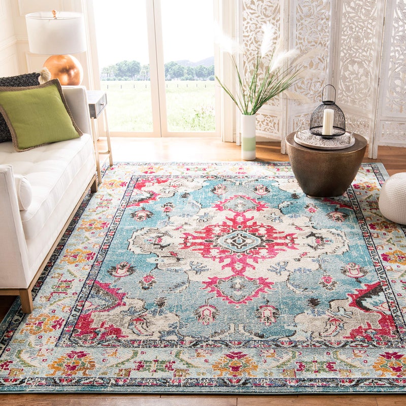 SAFAVIEH Monaco Collection Area Rug  8 x 10 Light Blue  Fuchsia Boho Chic Medallion Distressed Design NonShedding  Easy Care Ideal for High Traffic Areas in Living Room Bedroom MNC243J