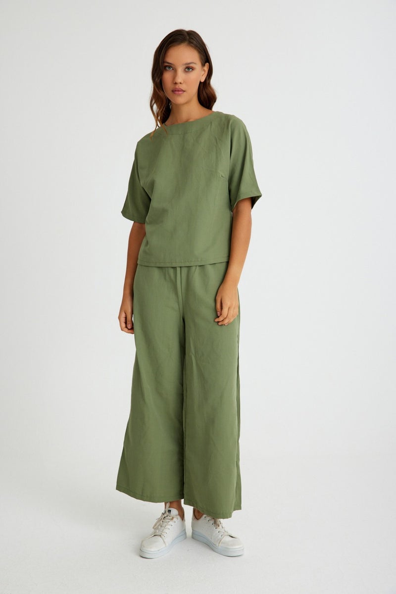 Barbora Linen Casual Comfortable Elastic Waist Women's Two Piece Set Bottom Top LN10HAKI6  - Image 1