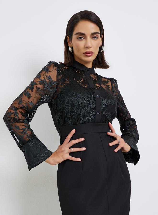 Styli Women Black Lace Long Sleeves Sheath Midi Dress - Image 3