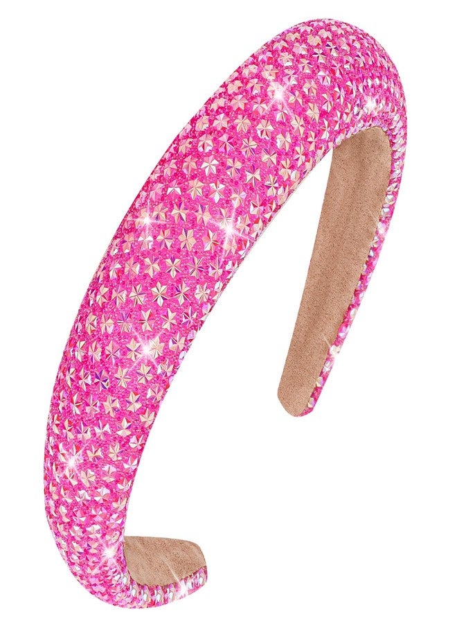 CAVETEE Rhinestone Headband for Women, Sparkly Fancy Wide Non-slip Hot Pink Hair Accessories for Girls - Image 1