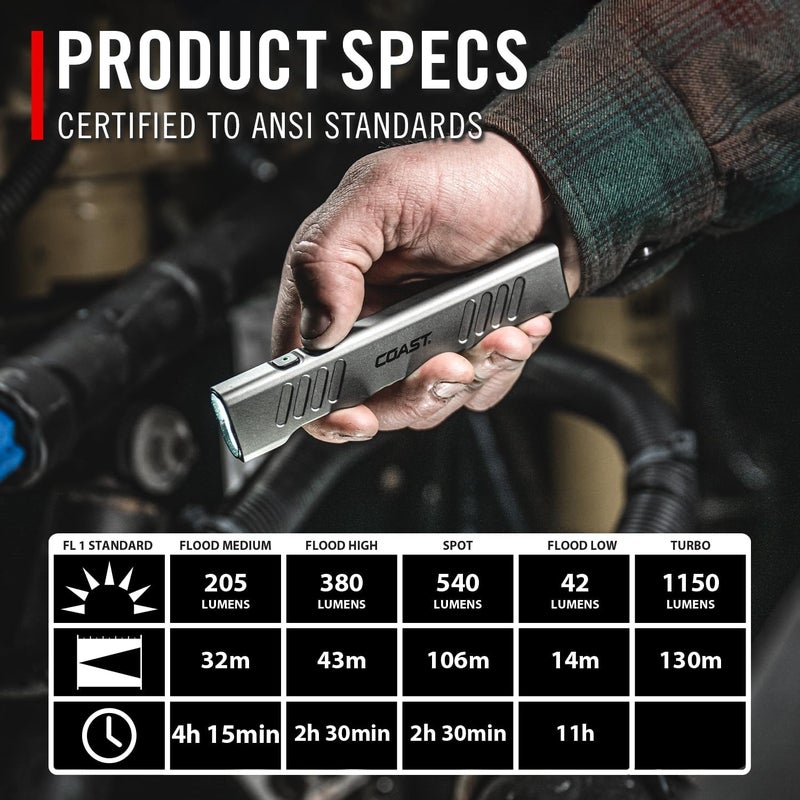Coast Coast Slayer 1150 Lumen USBC Rechargeable LED Flashlight with SpotFlood Memory Mode and Pocket Clip Silver  - Image 4