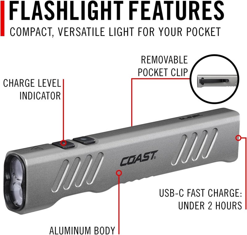Coast Coast Slayer 1150 Lumen USBC Rechargeable LED Flashlight with SpotFlood Memory Mode and Pocket Clip Silver  - Image 3