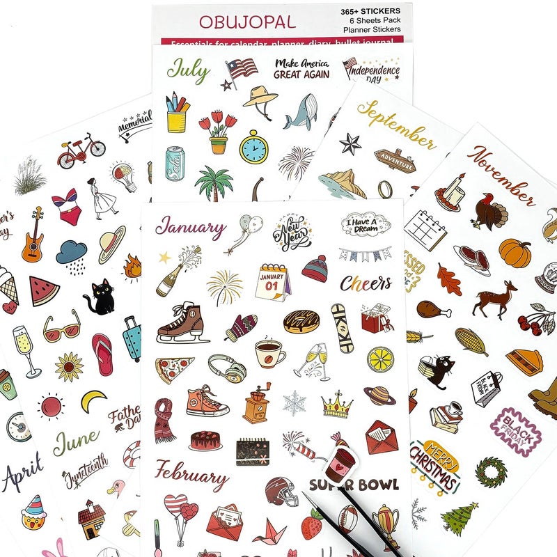 Obujopal Planner Stickers, 365+ Pcs Daily Weekly Monthly Holiday Seasonal Calendar Stickers for Bullet Journal Scrapbook Diary Notebook Envelope - Image 3