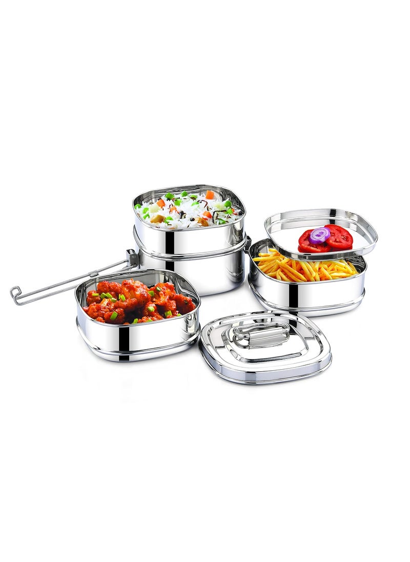 Expresso Expresso Square Shape Stainless Steel Food Grade Lunch Box Traditional Tiffin CarrierContainer for SchoolOffice Dia 13cm 4 Tier  - Image 3