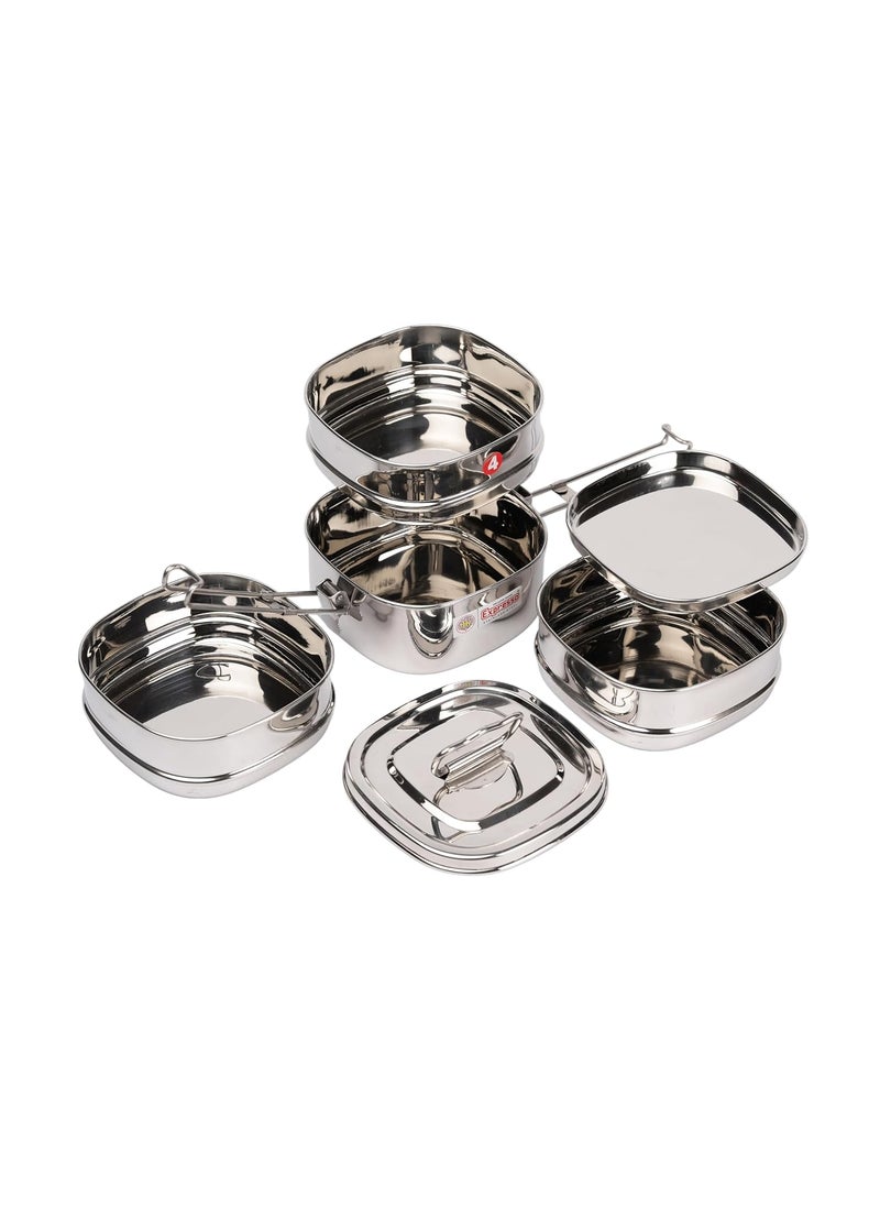Expresso Expresso Square Shape Stainless Steel Food Grade Lunch Box Traditional Tiffin CarrierContainer for SchoolOffice Dia 13cm 4 Tier  - Image 4