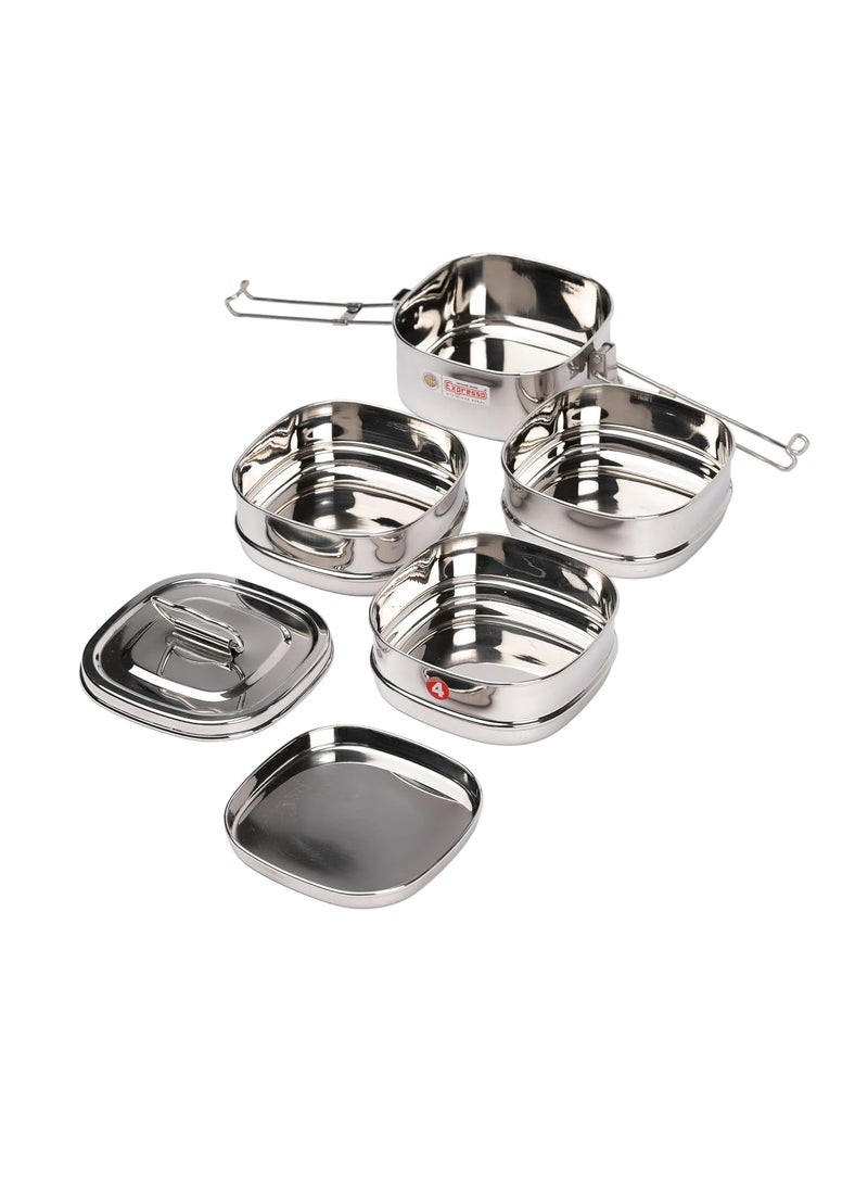 Expresso Expresso Square Shape Stainless Steel Food Grade Lunch Box Traditional Tiffin CarrierContainer for SchoolOffice Dia 13cm 4 Tier  - Image 5