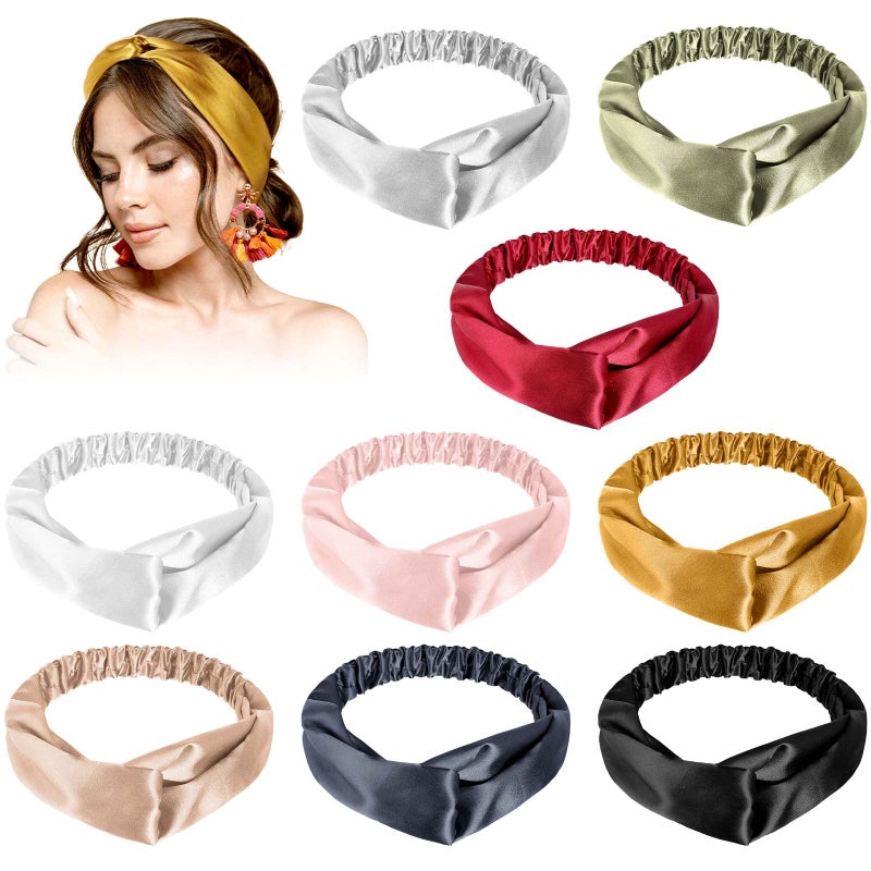 MTLEE 9 Pieces Elastic Hair Wraps and Adjustable Satin Headbands Twisted Turban Band for Face Washing, Women and Girls Hair Accessory, 9 Colors - Image 1