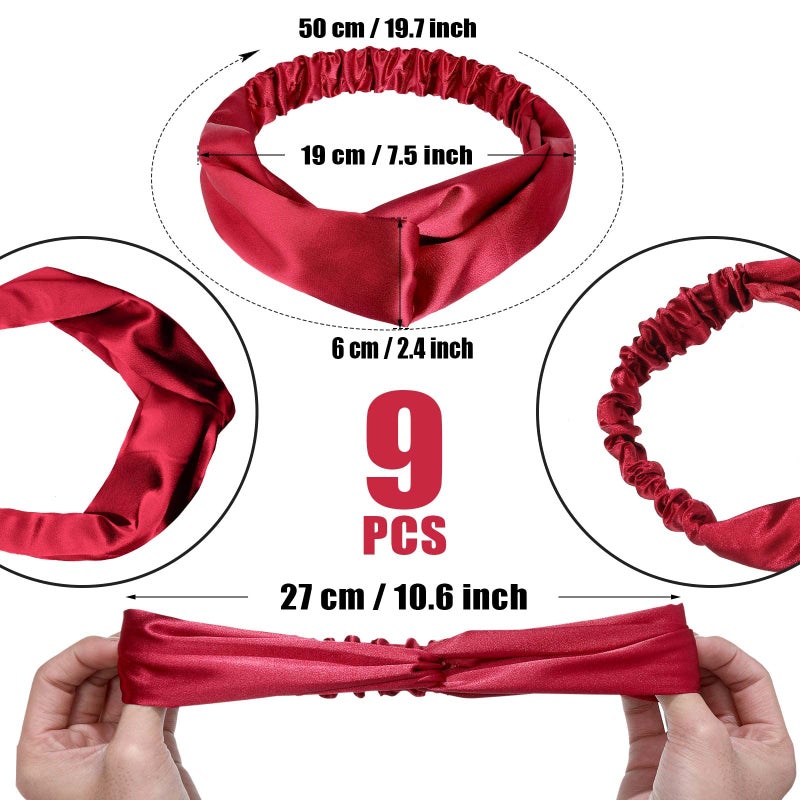 MTLEE 9 Pieces Elastic Hair Wraps and Adjustable Satin Headbands Twisted Turban Band for Face Washing, Women and Girls Hair Accessory, 9 Colors - Image 2